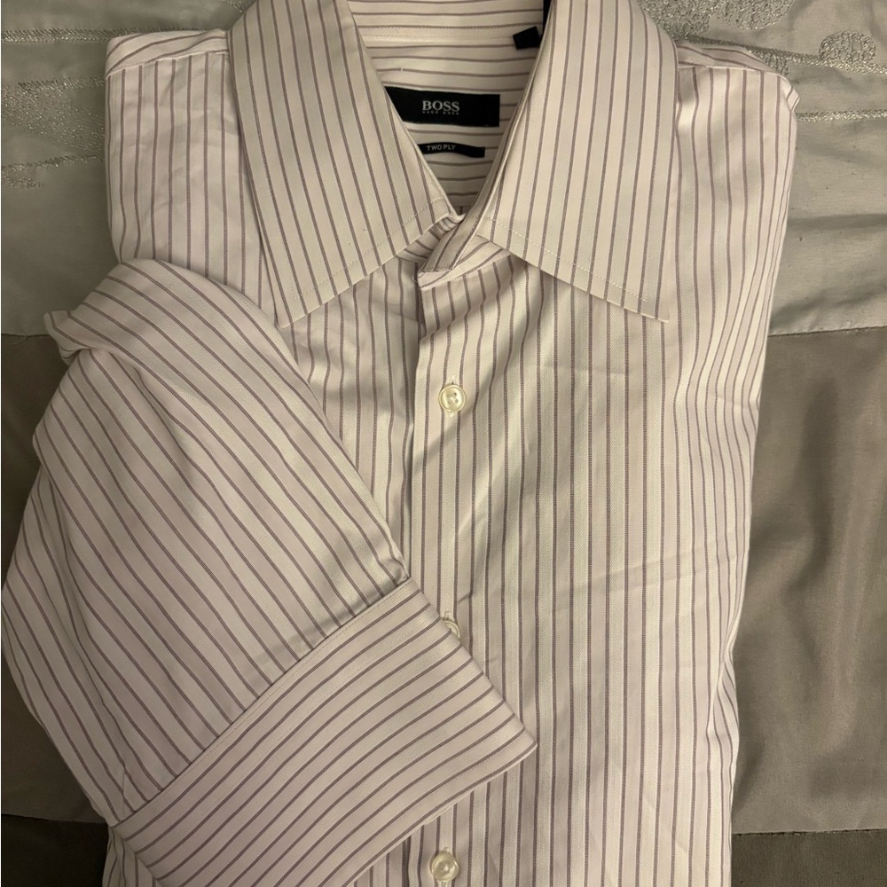 Boss Men's White and Gray Striped Dress Shirt